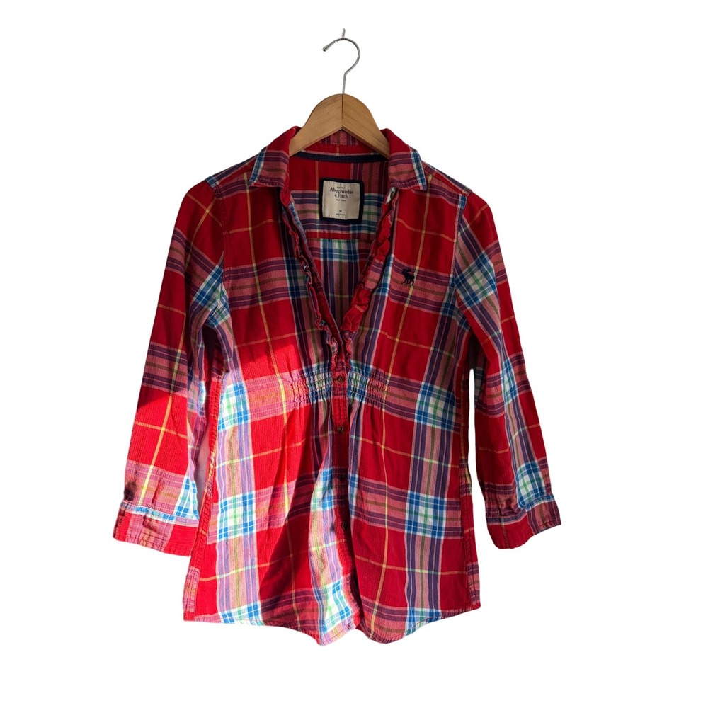 Y2K Abercrombie Fitch Red Plaid Ruffle Collar Button Down Shirt Women's Size M
